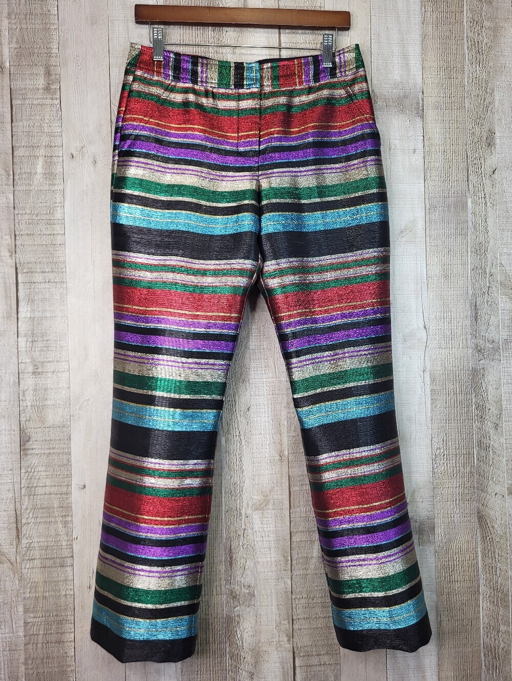 Trina Turk Black Pants with Metallic Multicolor Stripes. Size 6.